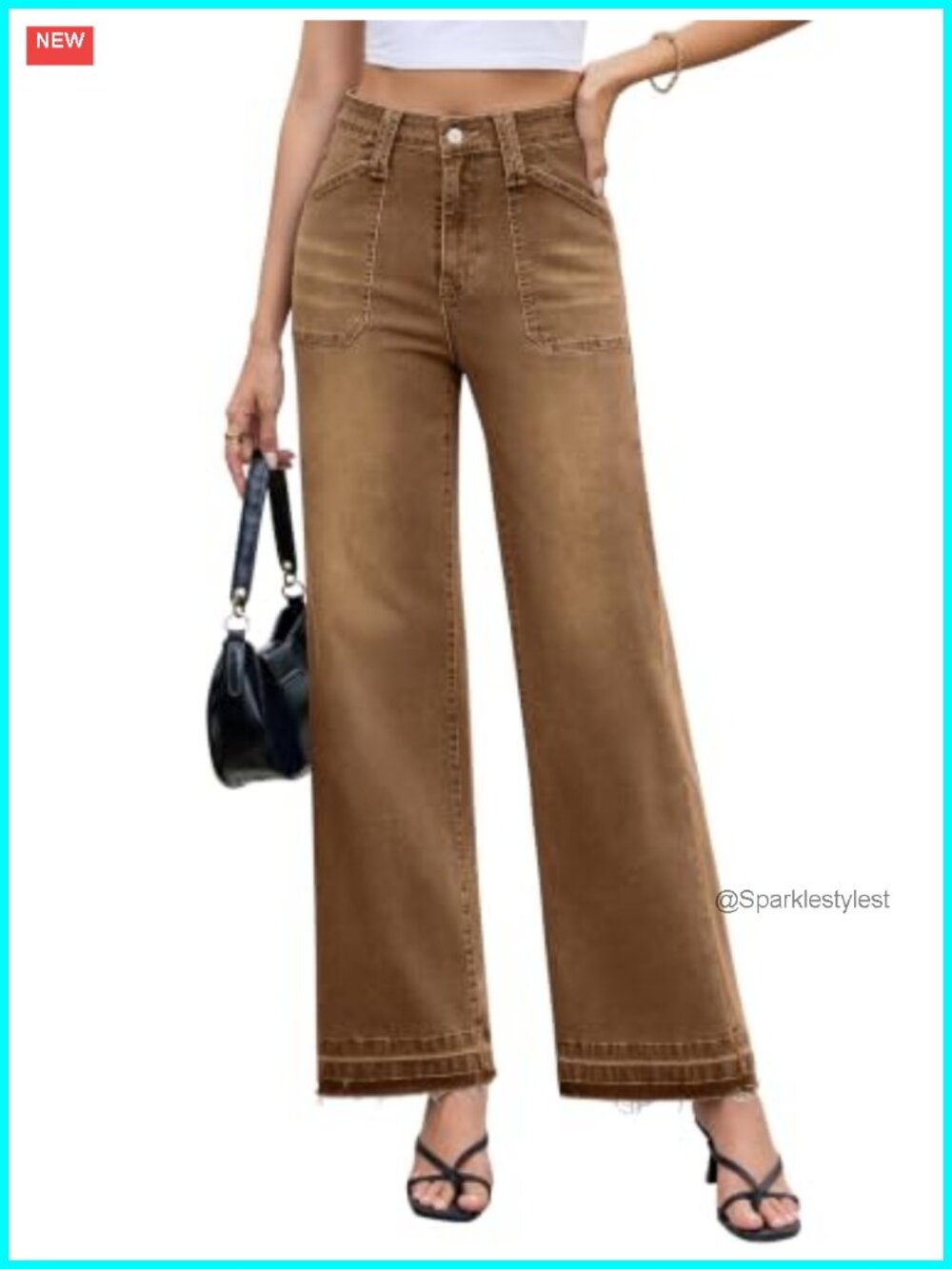 Womens Wide Leg Baggy High Waisted Stretchy Denim Jeans Raw Hem